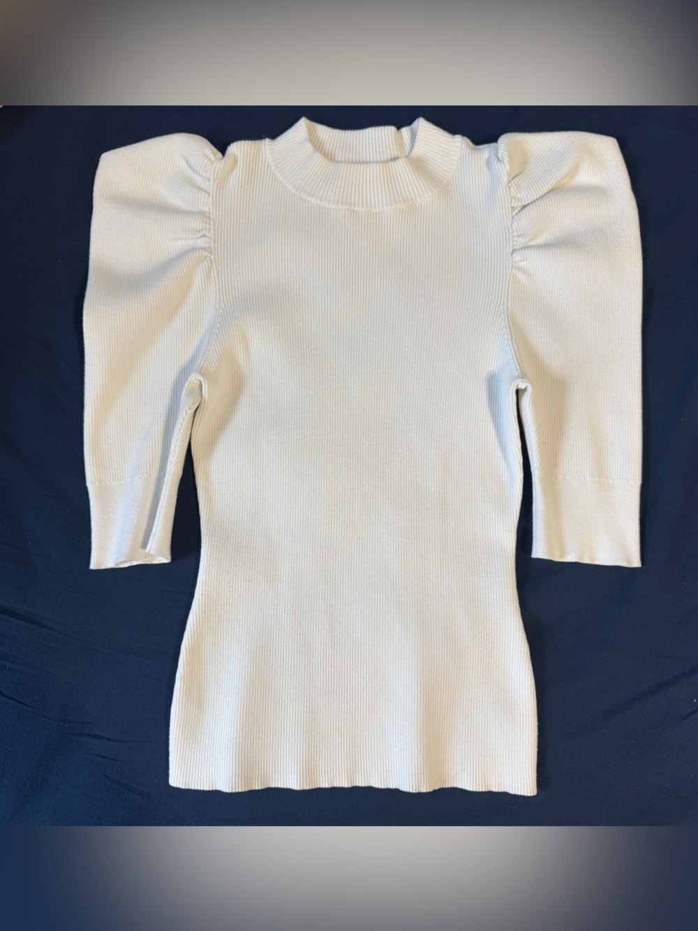 A.L.C. Ivory White Ribbed Puff Sleeve Sweater XS Mock Neck Quiet Luxury Designer